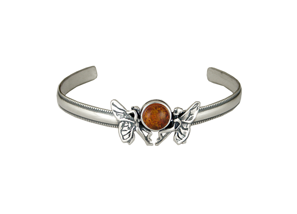 Sterling Silver Double Fairy Cuff Bracelet With Amber